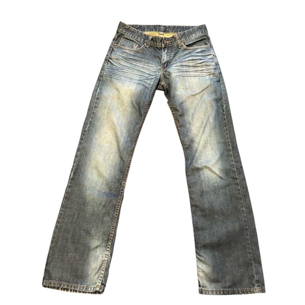Flypaper Mens Distressed Whiskered Blue Denim Straight Leg Jeans 29x32 Y2K Style